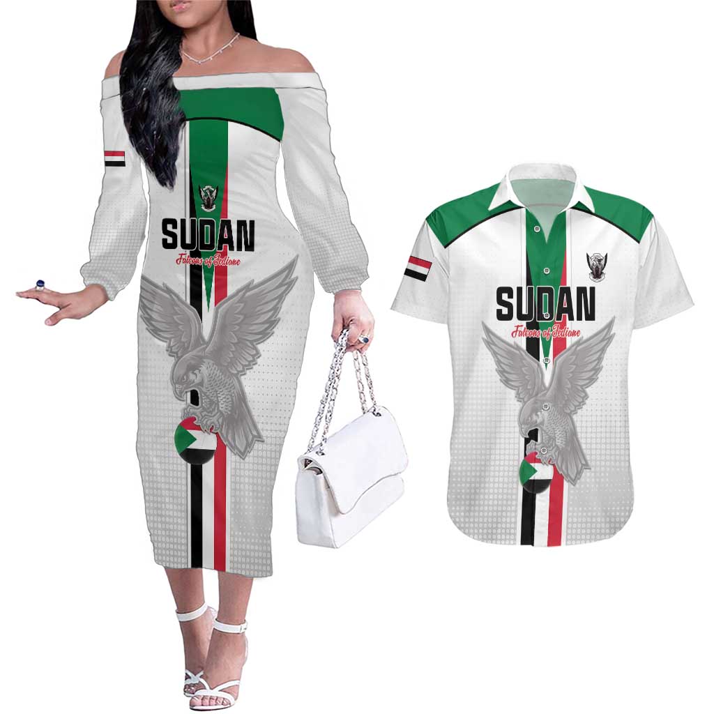 Custom Sudan Football Couples Matching Off The Shoulder Long Sleeve Dress and Hawaiian Shirt Go Champions Falcons of Jediane - Wonder Print Shop