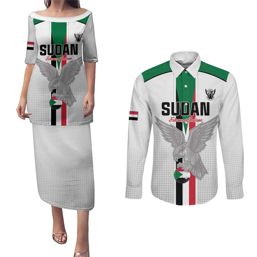 Custom Sudan Football Couples Matching Puletasi and Long Sleeve Button Shirt Go Champions Falcons of Jediane - Wonder Print Shop