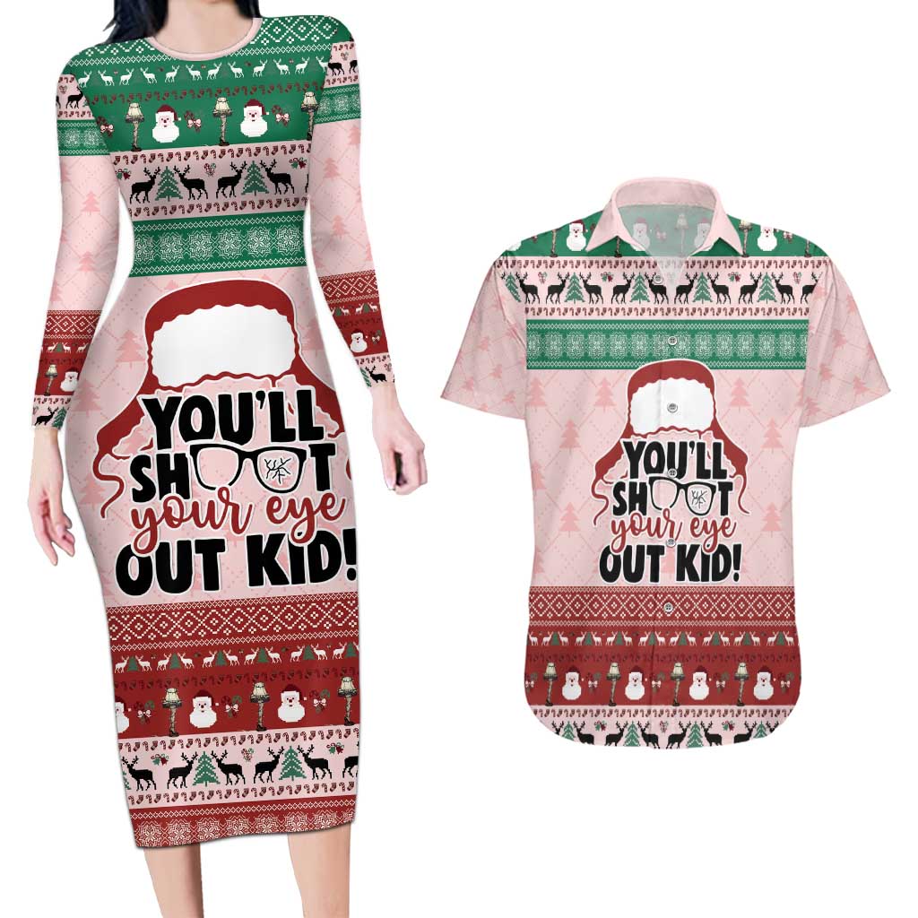 Christmas Story Couples Matching Long Sleeve Bodycon Dress and Hawaiian Shirt You'll Shoot Your Eye Out - Wonder Print Shop