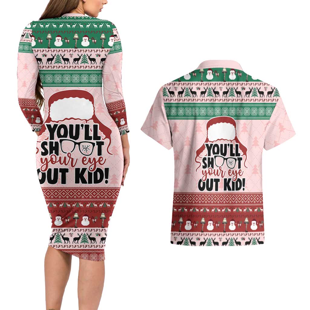 Christmas Story Couples Matching Long Sleeve Bodycon Dress and Hawaiian Shirt You'll Shoot Your Eye Out - Wonder Print Shop