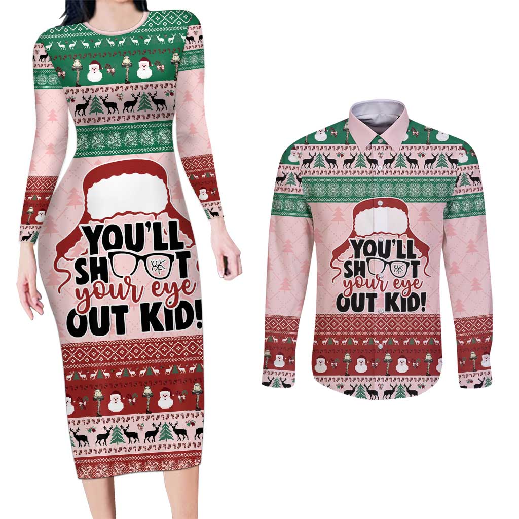 Christmas Story Couples Matching Long Sleeve Bodycon Dress and Long Sleeve Button Shirt You'll Shoot Your Eye Out - Wonder Print Shop