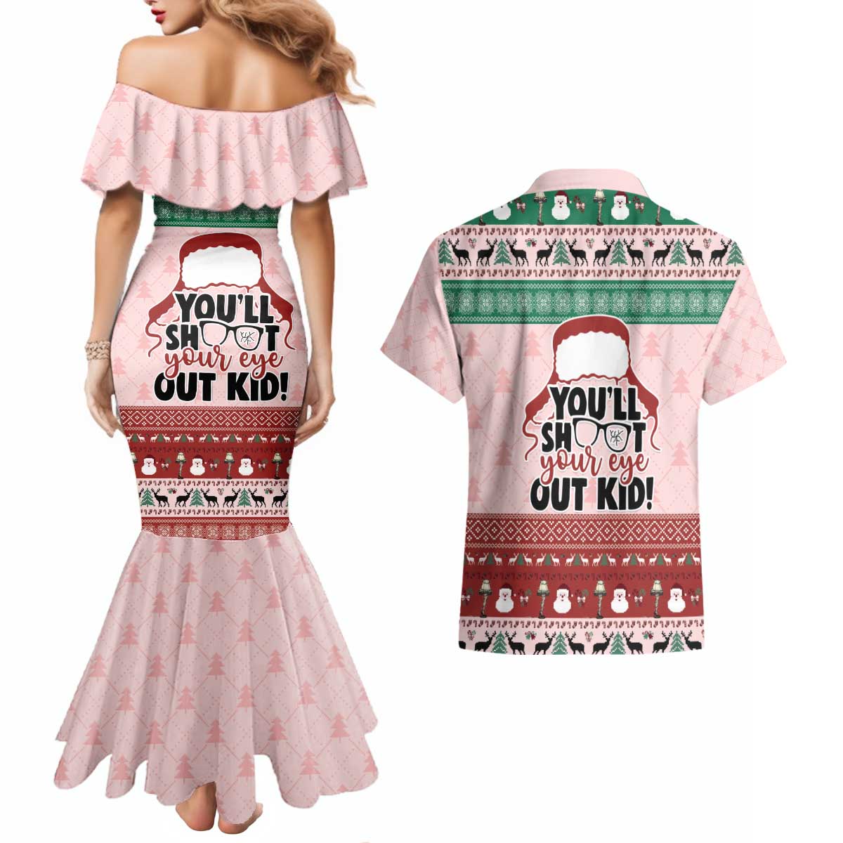 Christmas Story Couples Matching Mermaid Dress and Hawaiian Shirt You'll Shoot Your Eye Out - Wonder Print Shop
