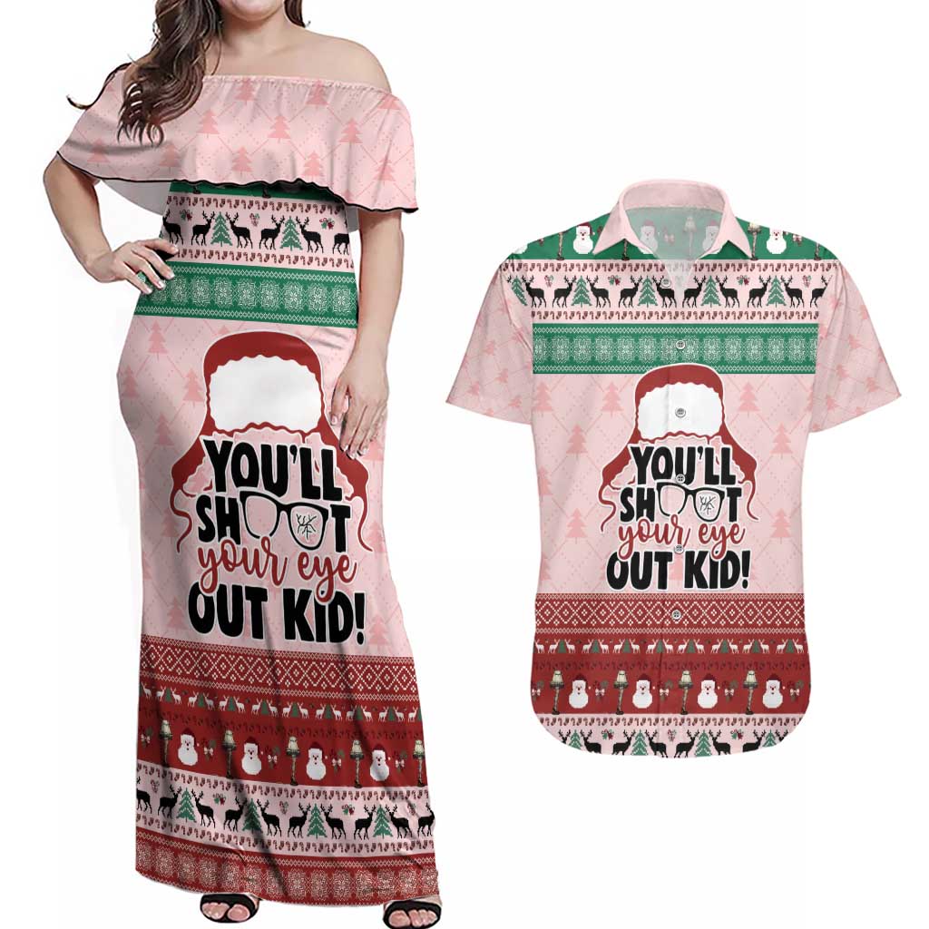 Christmas Story Couples Matching Off Shoulder Maxi Dress and Hawaiian Shirt You'll Shoot Your Eye Out - Wonder Print Shop