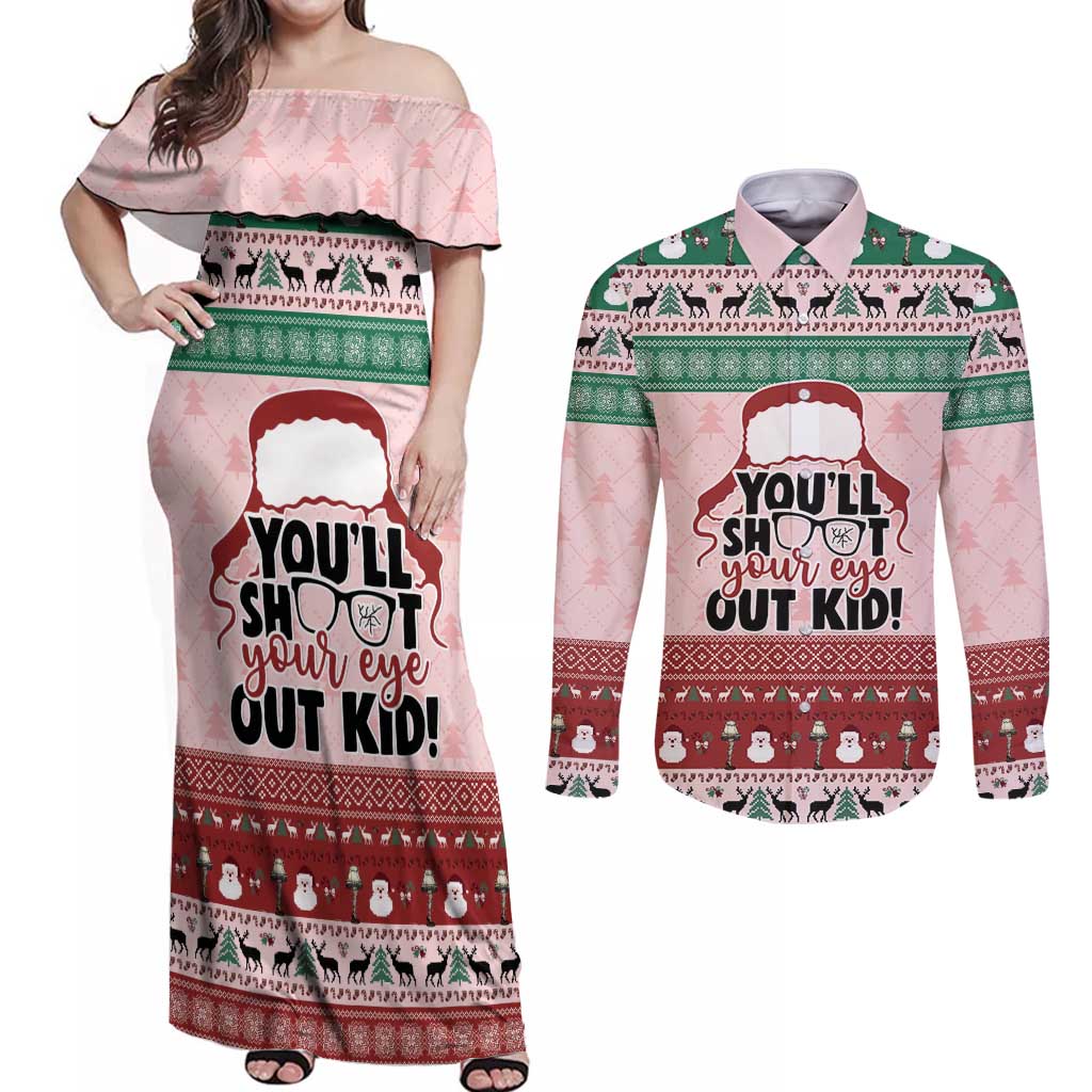 Christmas Story Couples Matching Off Shoulder Maxi Dress and Long Sleeve Button Shirt You'll Shoot Your Eye Out - Wonder Print Shop