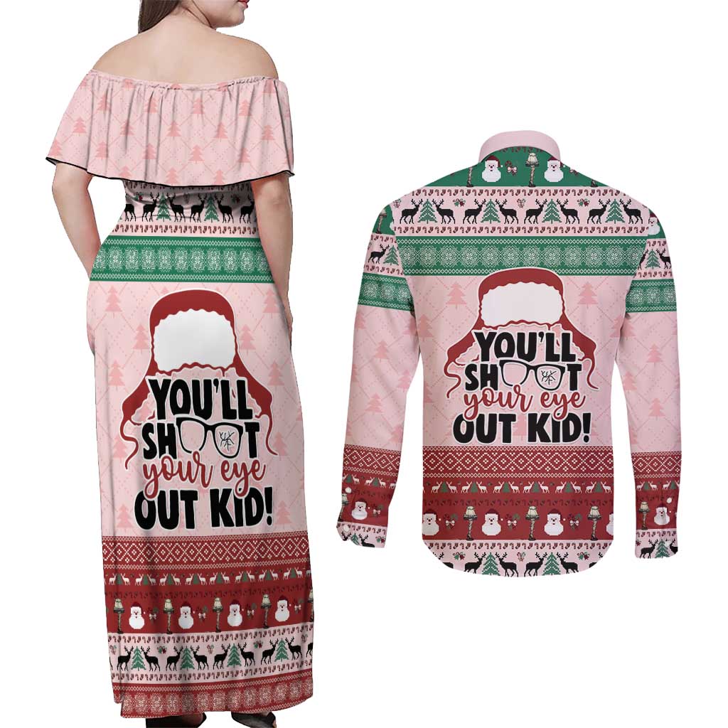 Christmas Story Couples Matching Off Shoulder Maxi Dress and Long Sleeve Button Shirt You'll Shoot Your Eye Out - Wonder Print Shop