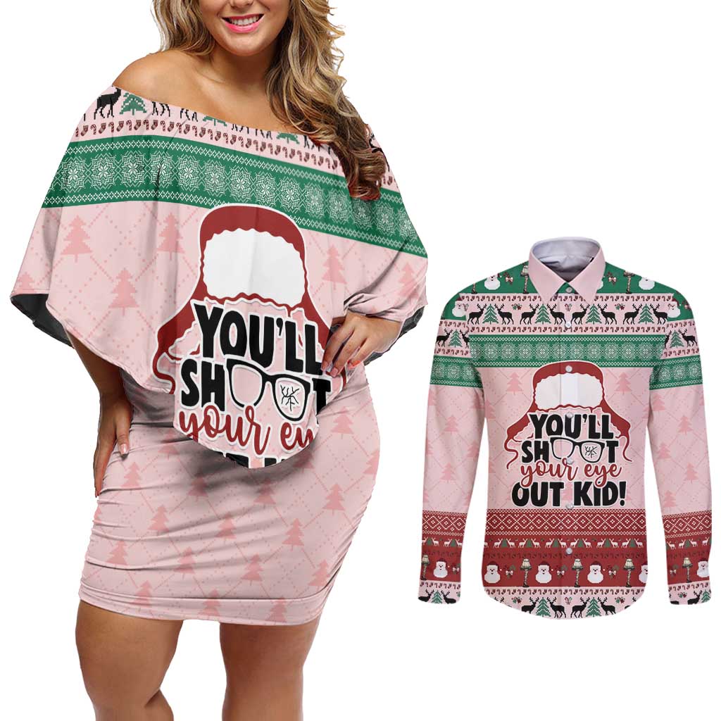 Christmas Story Couples Matching Off Shoulder Short Dress and Long Sleeve Button Shirt You'll Shoot Your Eye Out - Wonder Print Shop
