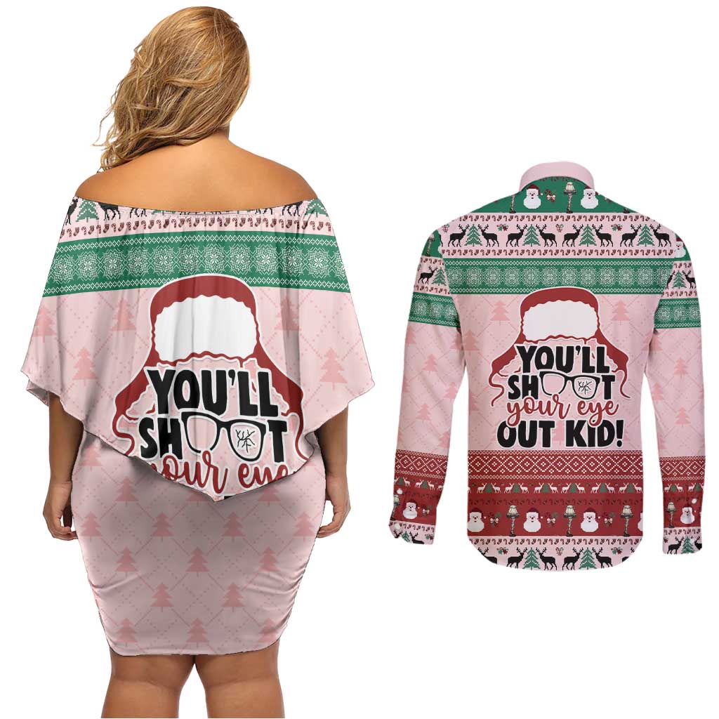 Christmas Story Couples Matching Off Shoulder Short Dress and Long Sleeve Button Shirt You'll Shoot Your Eye Out - Wonder Print Shop