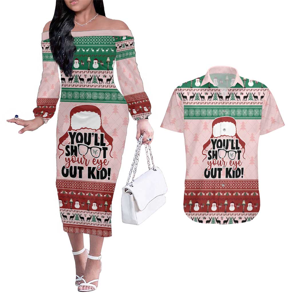Christmas Story Couples Matching Off The Shoulder Long Sleeve Dress and Hawaiian Shirt You'll Shoot Your Eye Out - Wonder Print Shop