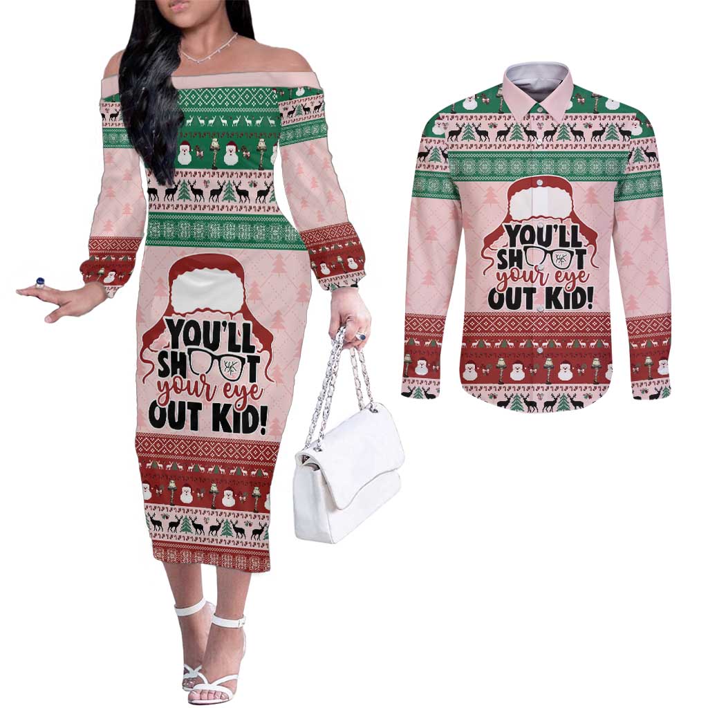 Christmas Story Couples Matching Off The Shoulder Long Sleeve Dress and Long Sleeve Button Shirt You'll Shoot Your Eye Out - Wonder Print Shop