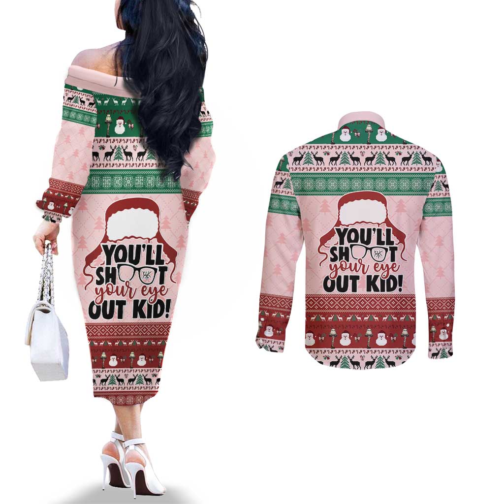 Christmas Story Couples Matching Off The Shoulder Long Sleeve Dress and Long Sleeve Button Shirt You'll Shoot Your Eye Out - Wonder Print Shop