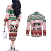 Christmas Story Couples Matching Off The Shoulder Long Sleeve Dress and Long Sleeve Button Shirt You'll Shoot Your Eye Out - Wonder Print Shop