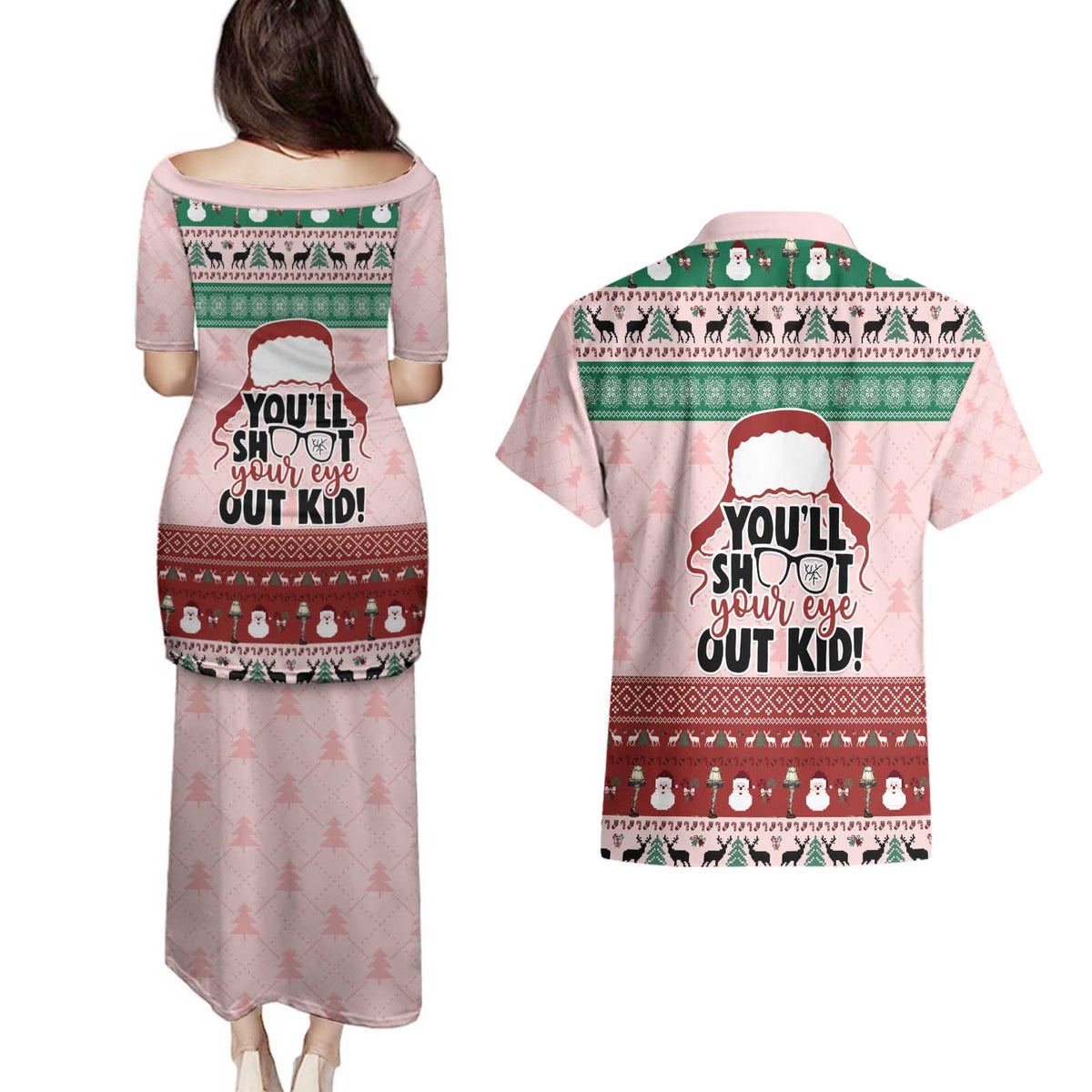 Christmas Story Couples Matching Puletasi and Hawaiian Shirt You'll Shoot Your Eye Out - Wonder Print Shop