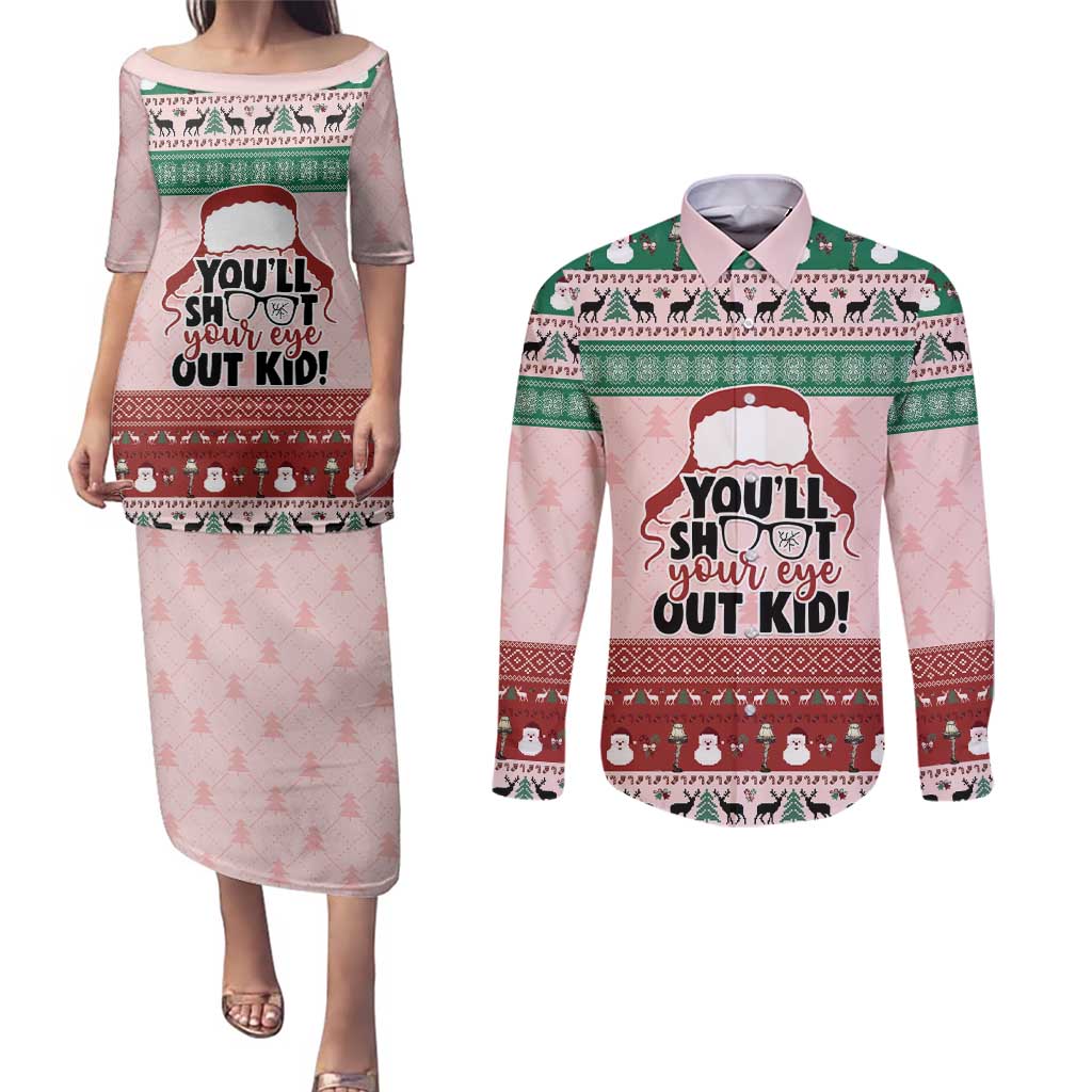 Christmas Story Couples Matching Puletasi and Long Sleeve Button Shirt You'll Shoot Your Eye Out - Wonder Print Shop