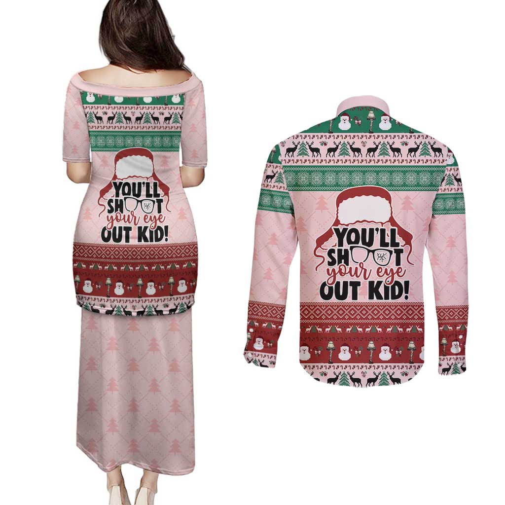 Christmas Story Couples Matching Puletasi and Long Sleeve Button Shirt You'll Shoot Your Eye Out - Wonder Print Shop