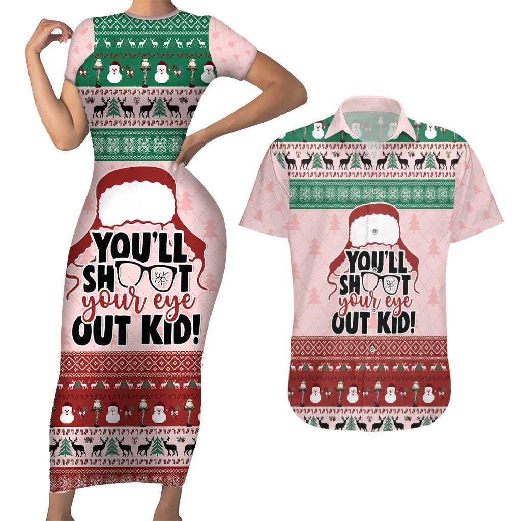 Christmas Story Couples Matching Short Sleeve Bodycon Dress and Hawaiian Shirt You'll Shoot Your Eye Out - Wonder Print Shop