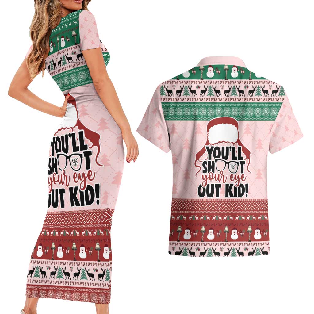 Christmas Story Couples Matching Short Sleeve Bodycon Dress and Hawaiian Shirt You'll Shoot Your Eye Out - Wonder Print Shop