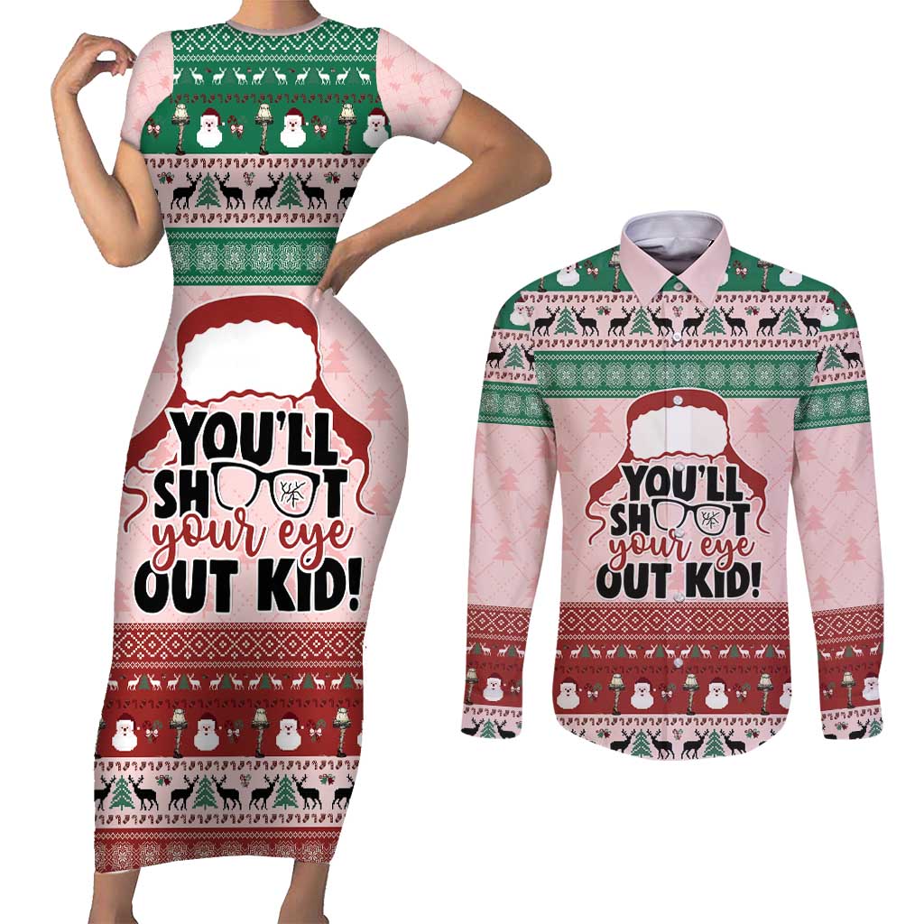 Christmas Story Couples Matching Short Sleeve Bodycon Dress and Long Sleeve Button Shirt You'll Shoot Your Eye Out - Wonder Print Shop