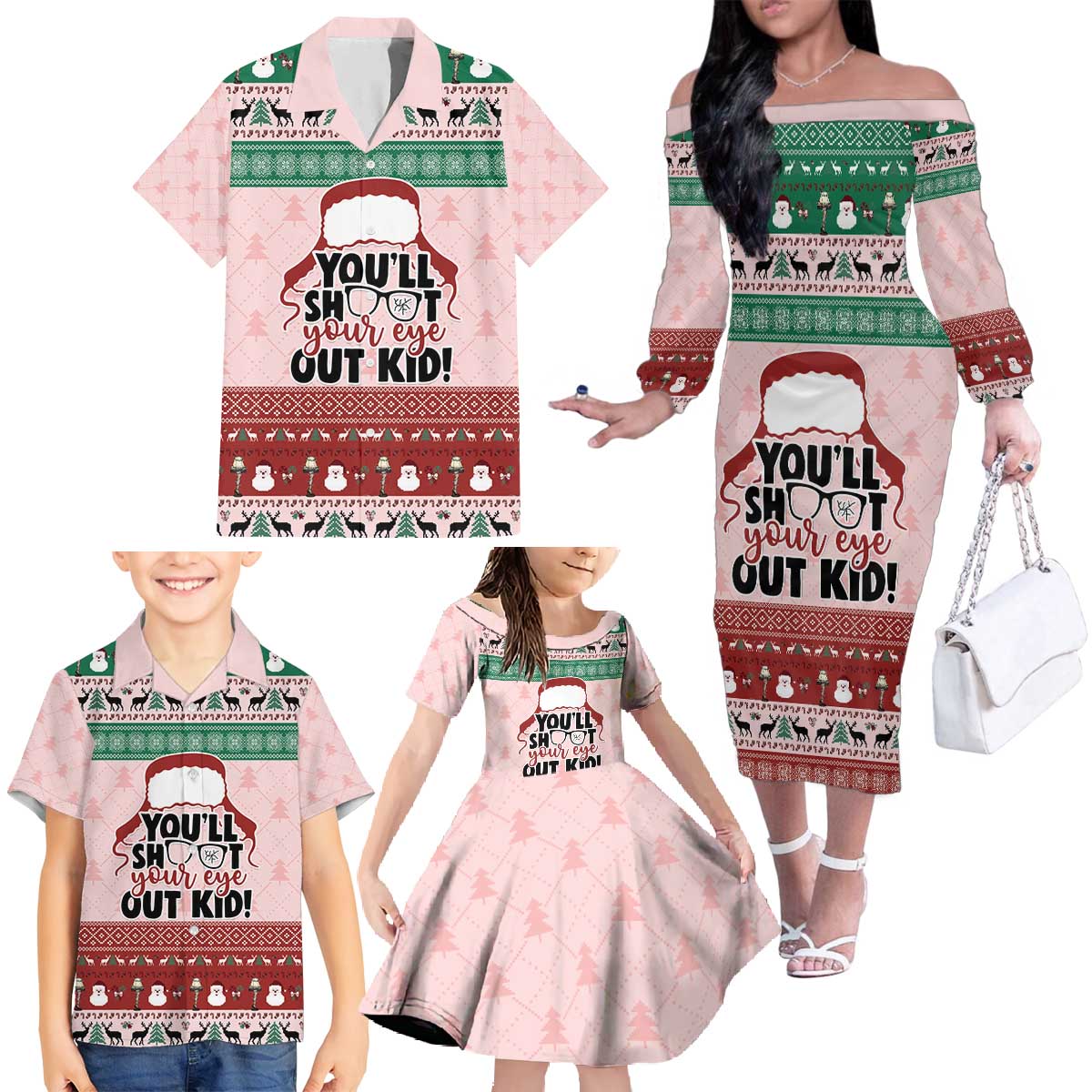 Christmas Story Family Matching Off The Shoulder Long Sleeve Dress and Hawaiian Shirt You'll Shoot Your Eye Out - Wonder Print Shop