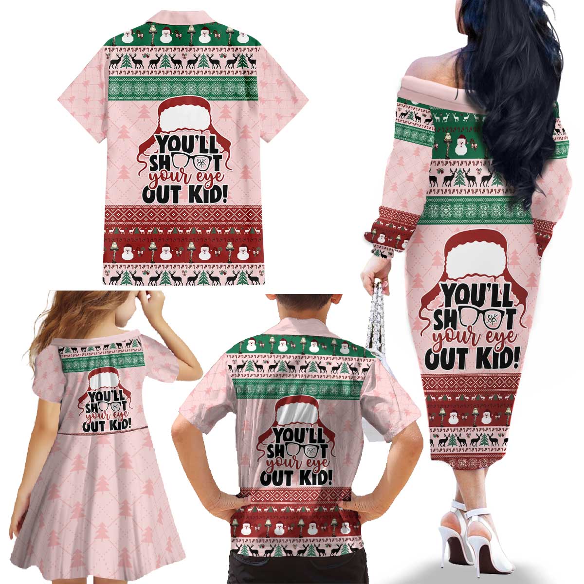 Christmas Story Family Matching Off The Shoulder Long Sleeve Dress and Hawaiian Shirt You'll Shoot Your Eye Out - Wonder Print Shop