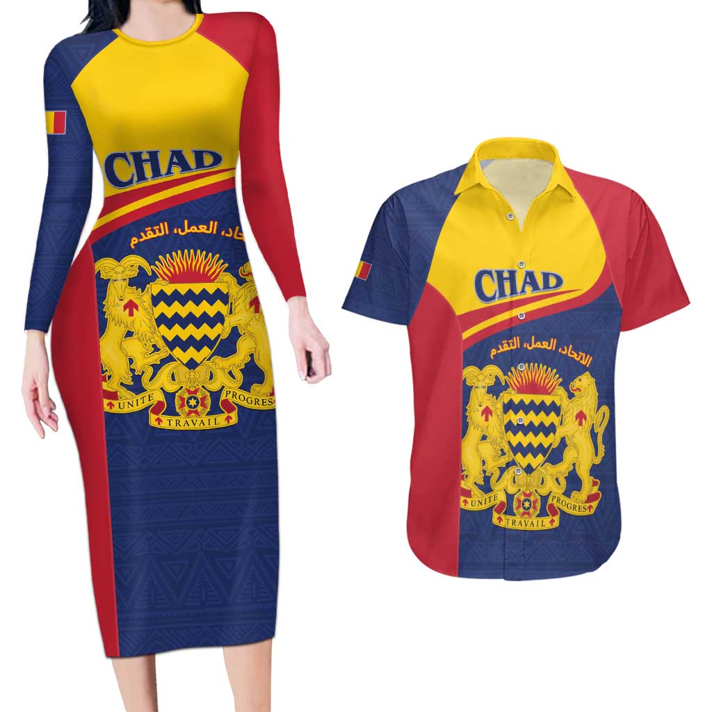 Personalised Chad Couples Matching Long Sleeve Bodycon Dress and Hawaiian Shirt Coat Of Arms - African Pattern