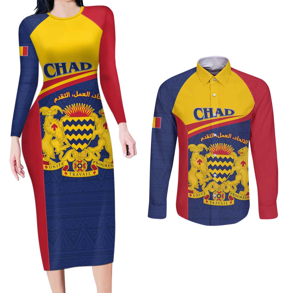 Personalised Chad Couples Matching Long Sleeve Bodycon Dress and Long Sleeve Button Shirt Coat Of Arms - African Pattern