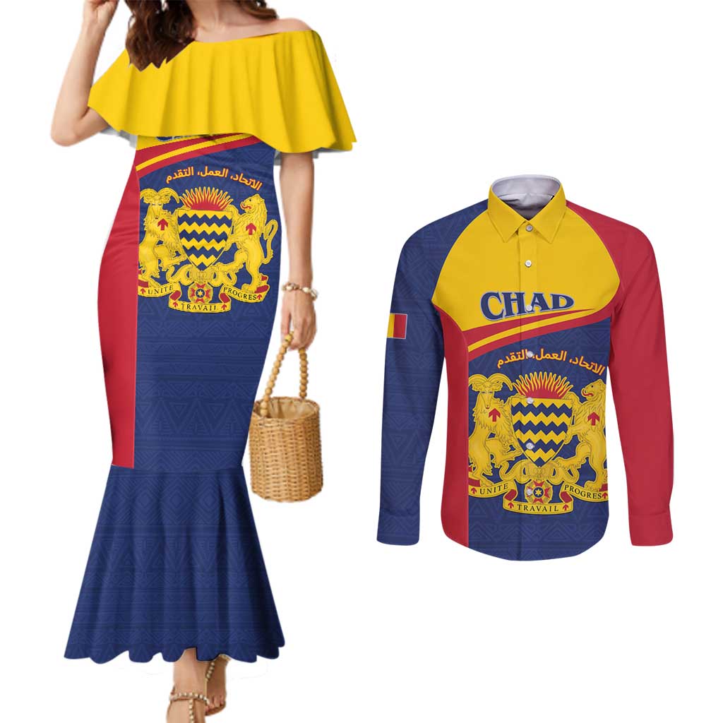 Personalised Chad Couples Matching Mermaid Dress and Long Sleeve Button Shirt Coat Of Arms - African Pattern