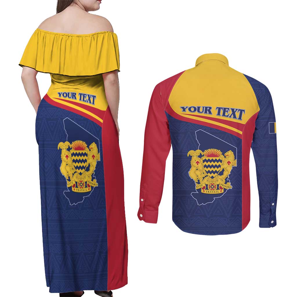 Personalised Chad Couples Matching Off Shoulder Maxi Dress and Long Sleeve Button Shirt Coat Of Arms - African Pattern