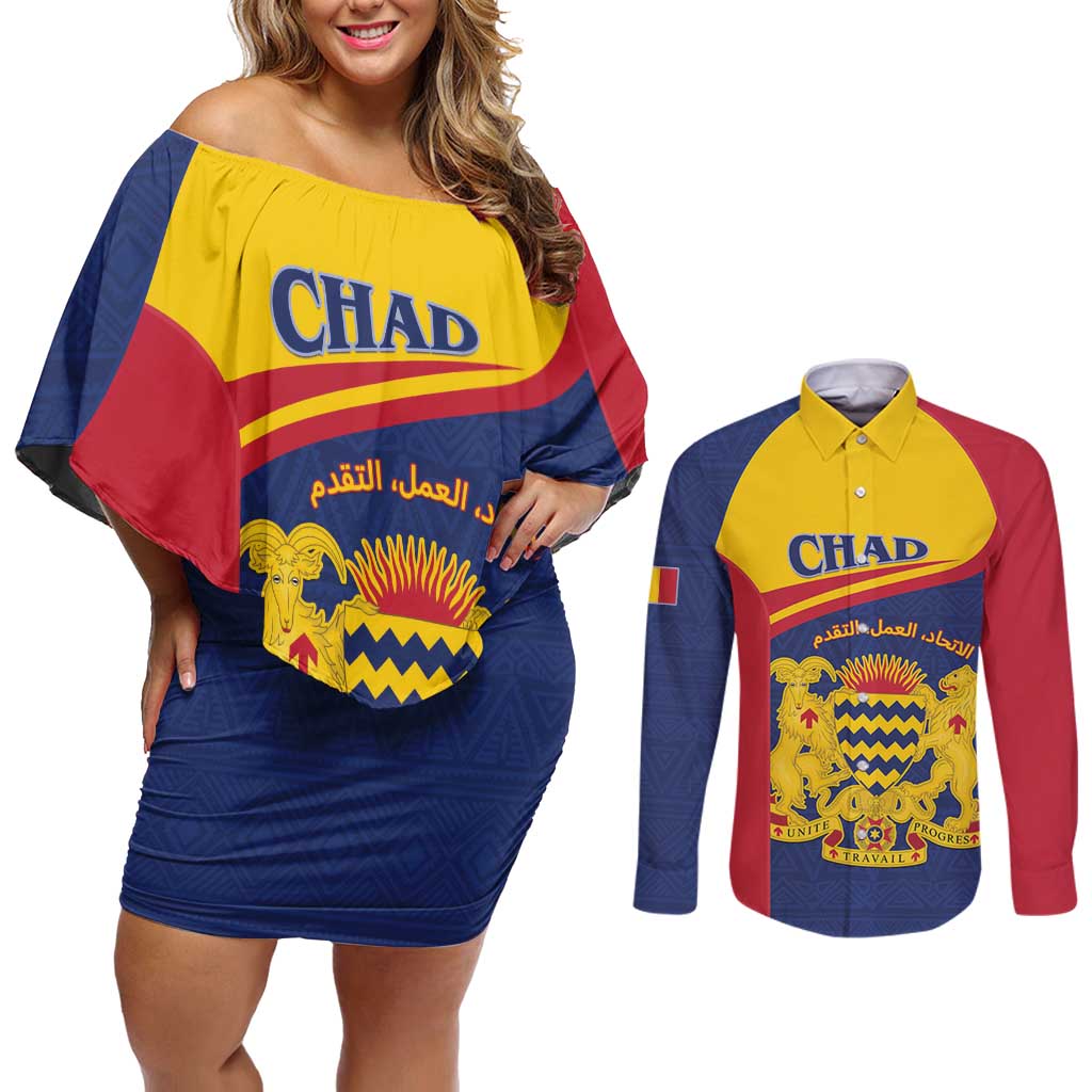 Personalised Chad Couples Matching Off Shoulder Short Dress and Long Sleeve Button Shirt Coat Of Arms - African Pattern
