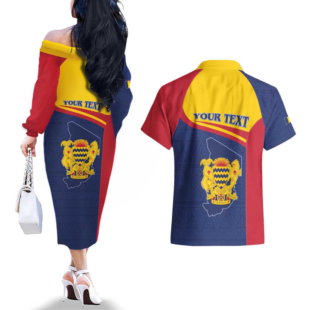 Personalised Chad Couples Matching Off The Shoulder Long Sleeve Dress and Hawaiian Shirt Coat Of Arms - African Pattern