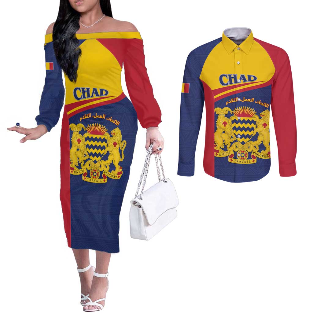 Personalised Chad Couples Matching Off The Shoulder Long Sleeve Dress and Long Sleeve Button Shirt Coat Of Arms - African Pattern