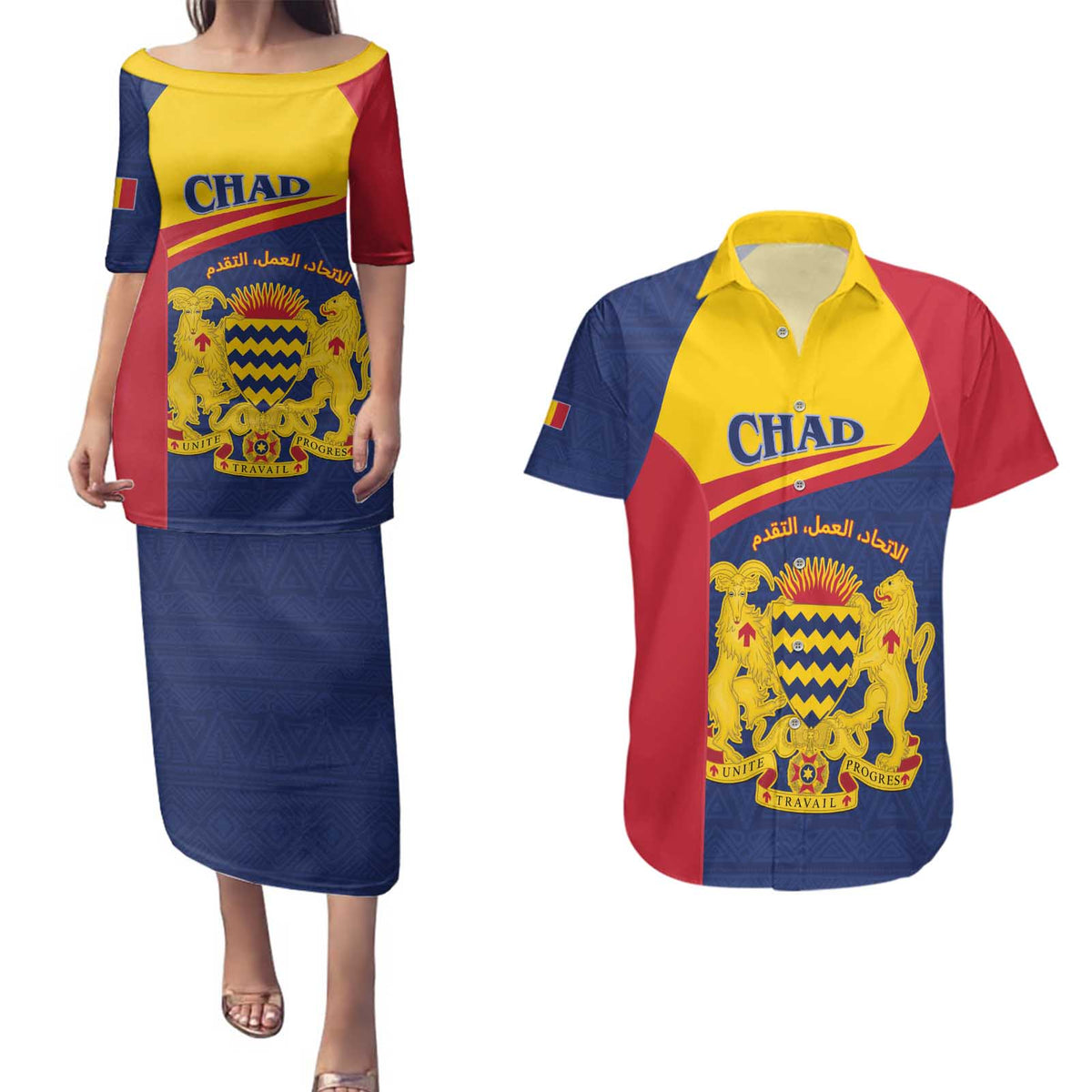 Personalised Chad Couples Matching Puletasi and Hawaiian Shirt Coat Of Arms - African Pattern