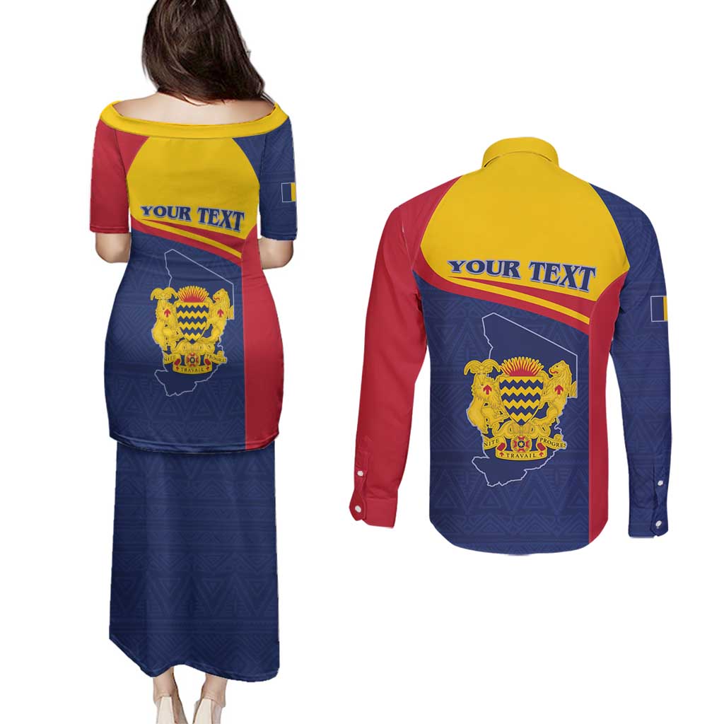 Personalised Chad Couples Matching Puletasi and Long Sleeve Button Shirt Coat Of Arms - African Pattern