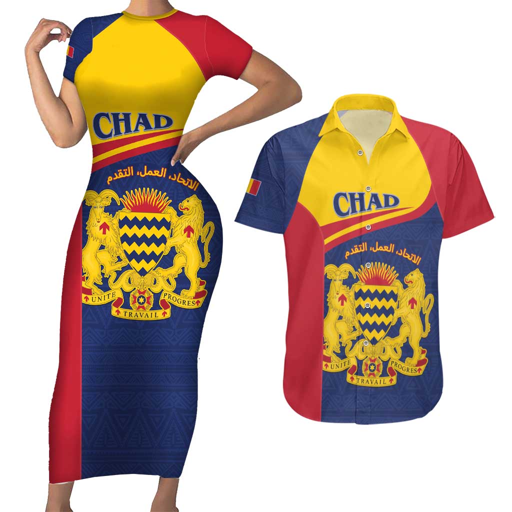 Personalised Chad Couples Matching Short Sleeve Bodycon Dress and Hawaiian Shirt Coat Of Arms - African Pattern