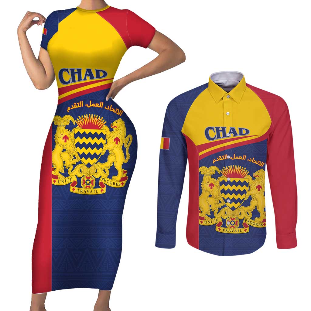 Personalised Chad Couples Matching Short Sleeve Bodycon Dress and Long Sleeve Button Shirt Coat Of Arms - African Pattern