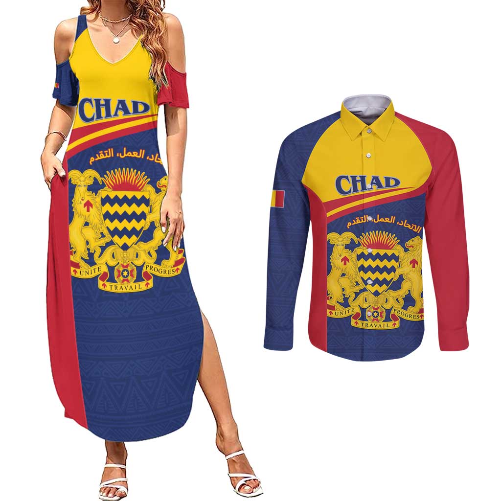 Personalised Chad Couples Matching Summer Maxi Dress and Long Sleeve Button Shirt Coat Of Arms - African Pattern