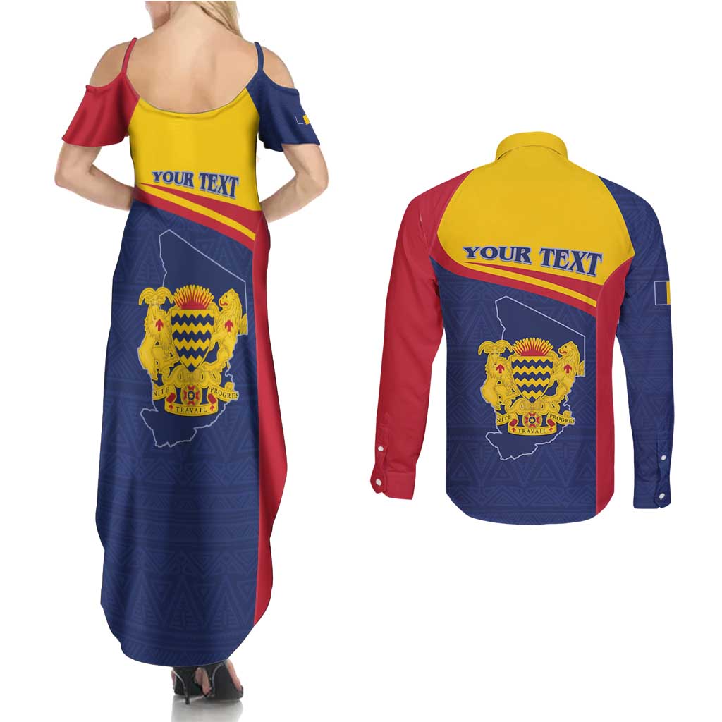 Personalised Chad Couples Matching Summer Maxi Dress and Long Sleeve Button Shirt Coat Of Arms - African Pattern