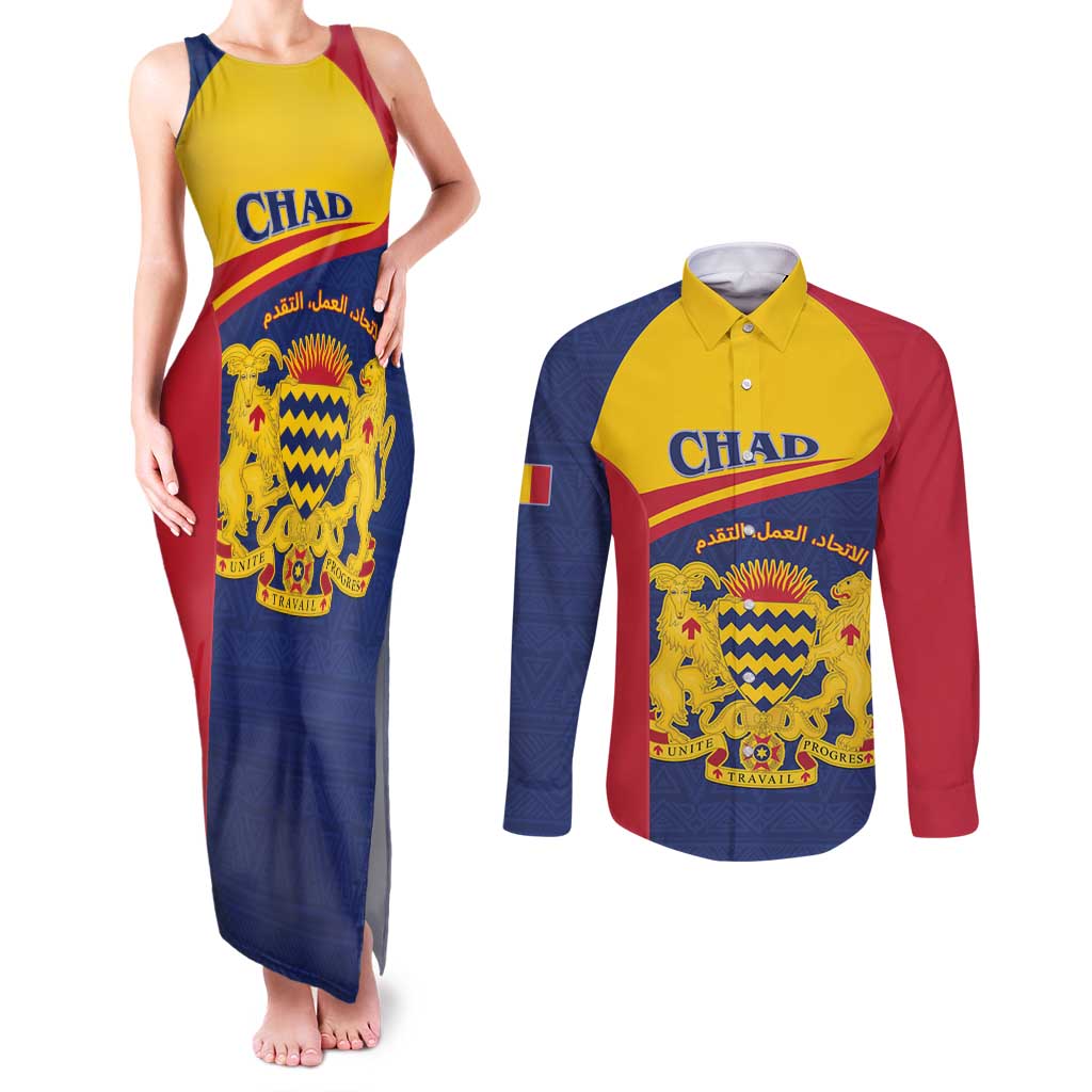 Personalised Chad Couples Matching Tank Maxi Dress and Long Sleeve Button Shirt Coat Of Arms - African Pattern
