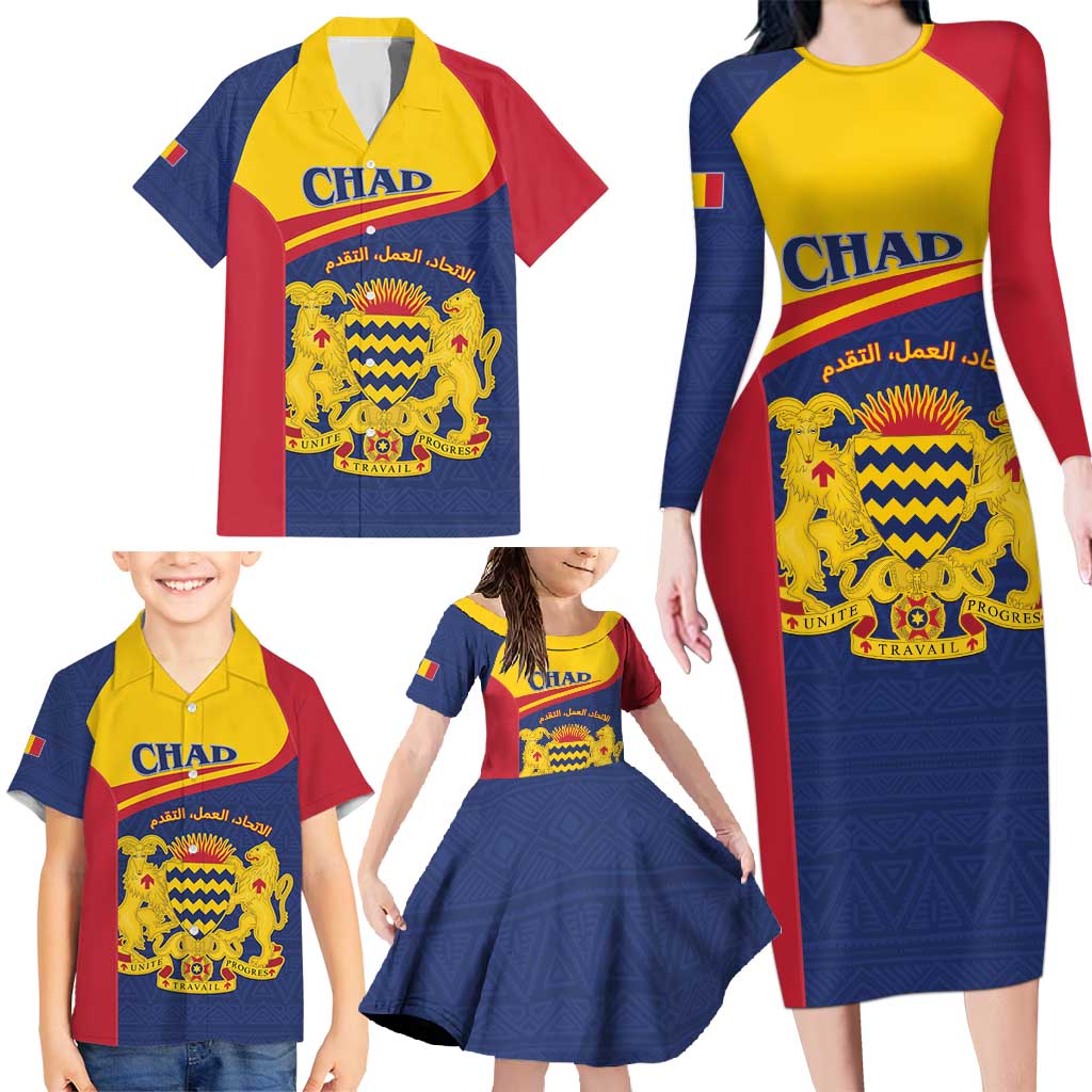 Personalised Chad Family Matching Long Sleeve Bodycon Dress and Hawaiian Shirt Coat Of Arms - African Pattern