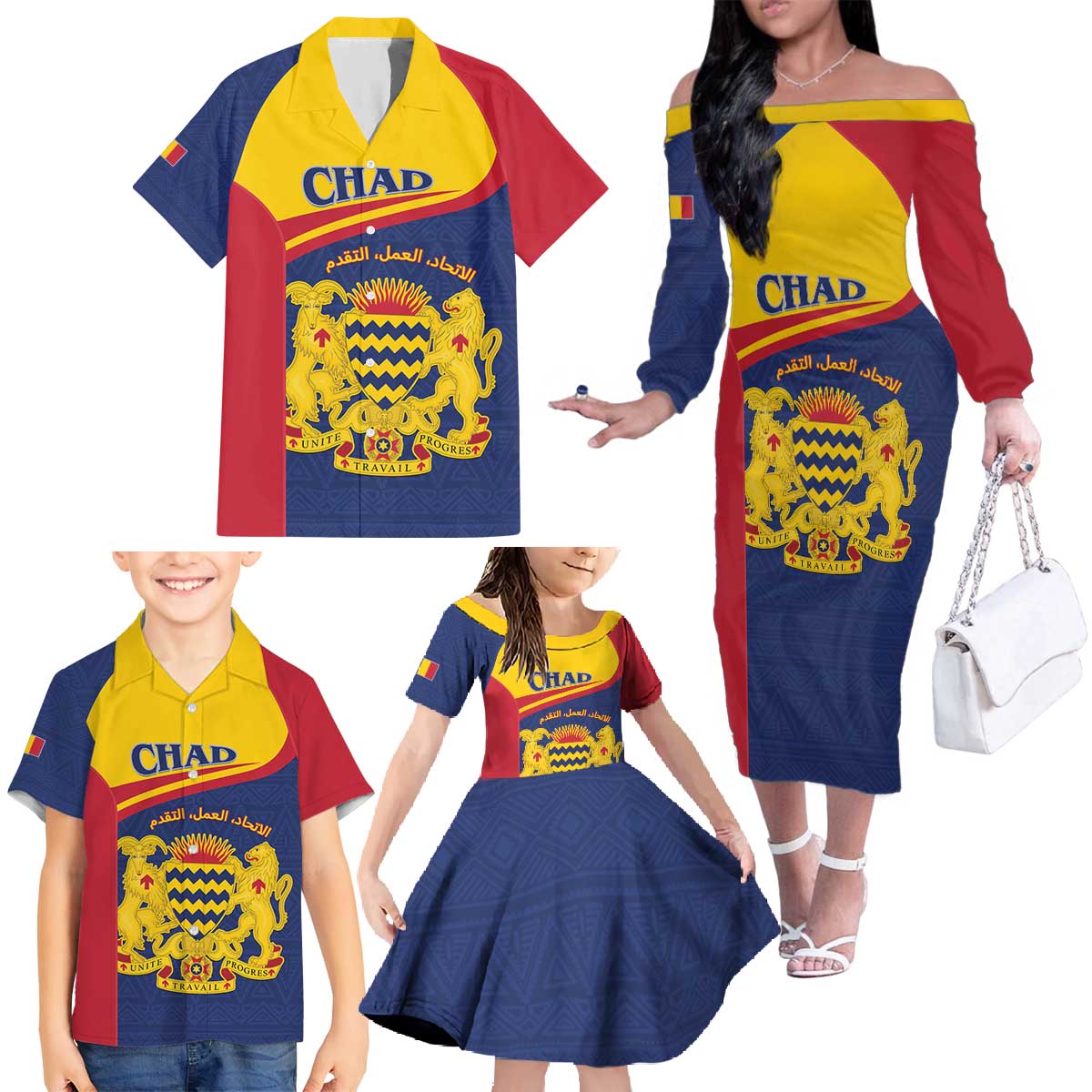 Personalised Chad Family Matching Off The Shoulder Long Sleeve Dress and Hawaiian Shirt Coat Of Arms - African Pattern