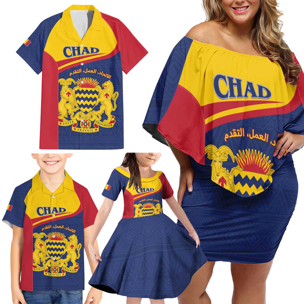 Personalised Chad Family Matching Off Shoulder Short Dress and Hawaiian Shirt Coat Of Arms - African Pattern