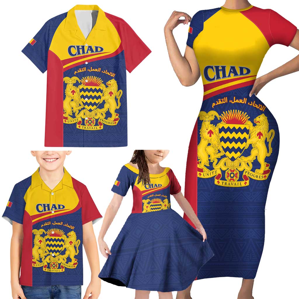 Personalised Chad Family Matching Short Sleeve Bodycon Dress and Hawaiian Shirt Coat Of Arms - African Pattern