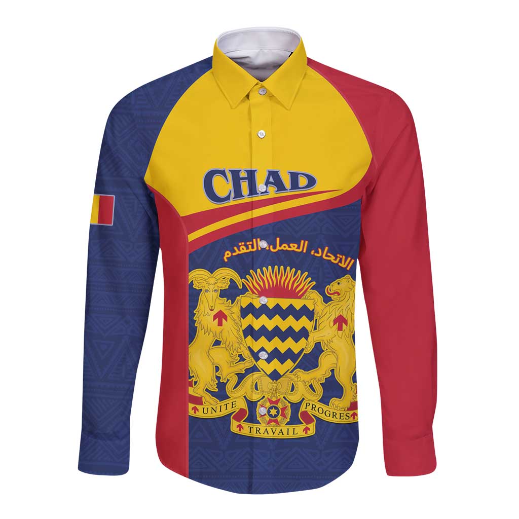 Personalised Chad Long Sleeve Button Shirt Coat Of Arms - African Pattern