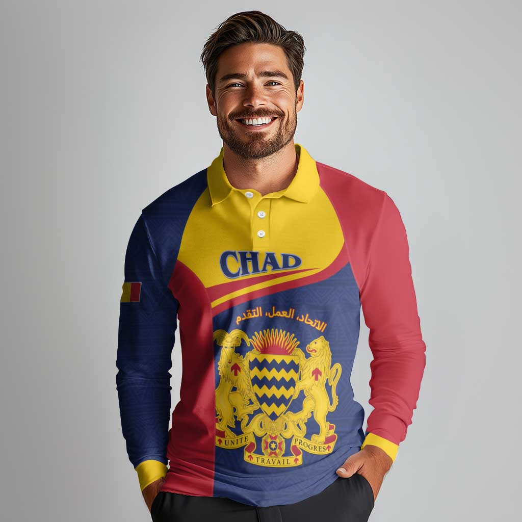 Personalised Chad Long Sleeve Polo Shirt Coat Of Arms - African Pattern