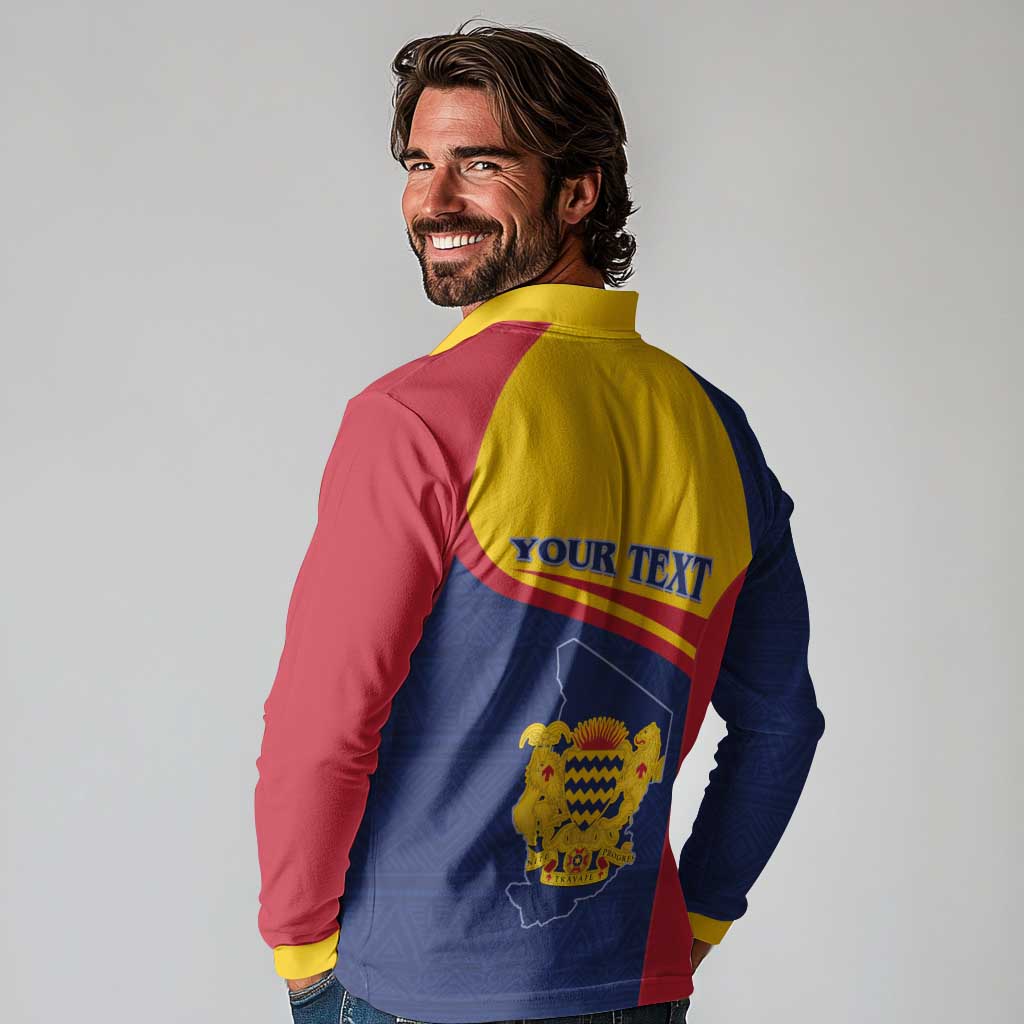 Personalised Chad Long Sleeve Polo Shirt Coat Of Arms - African Pattern