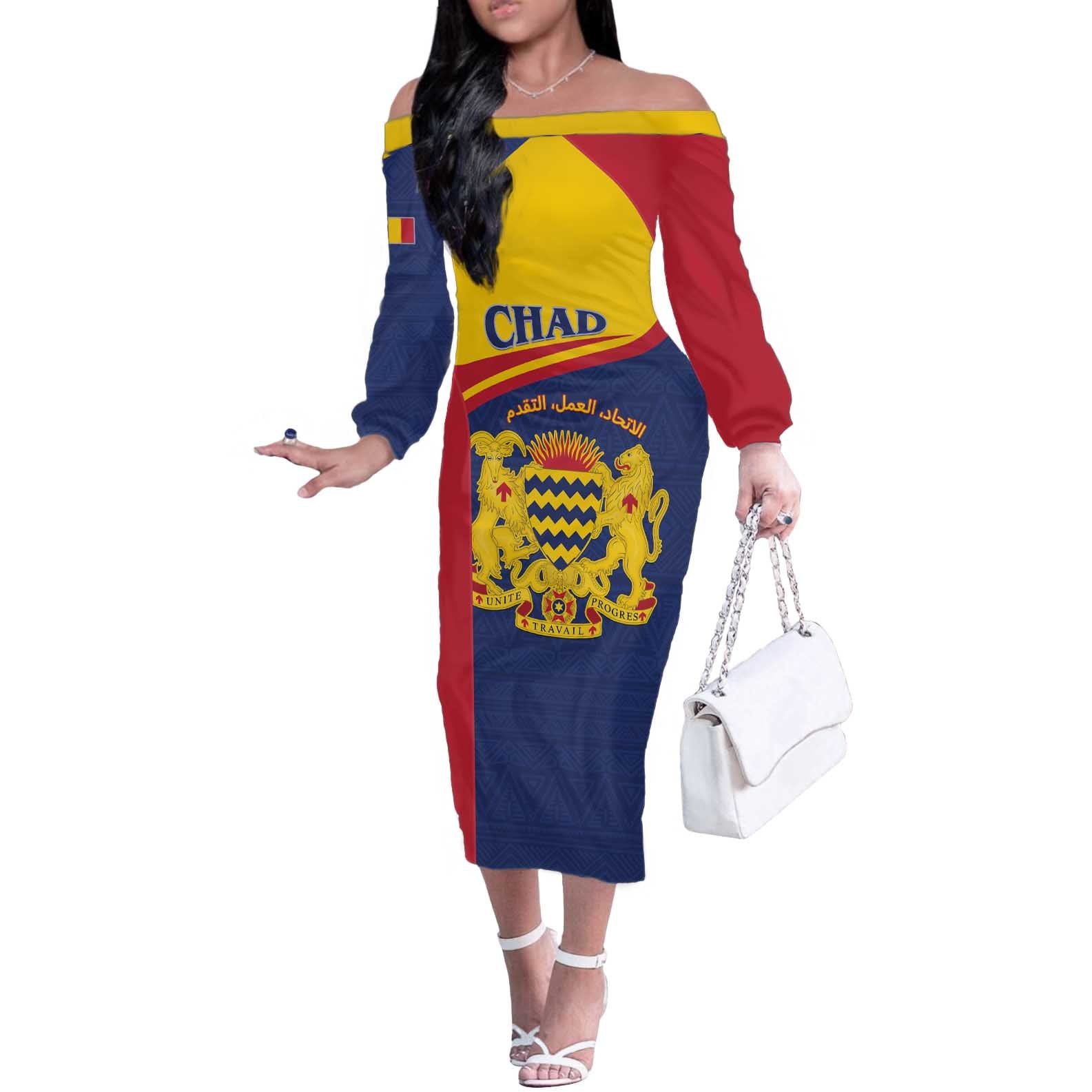 Personalised Chad Off The Shoulder Long Sleeve Dress Coat Of Arms - African Pattern