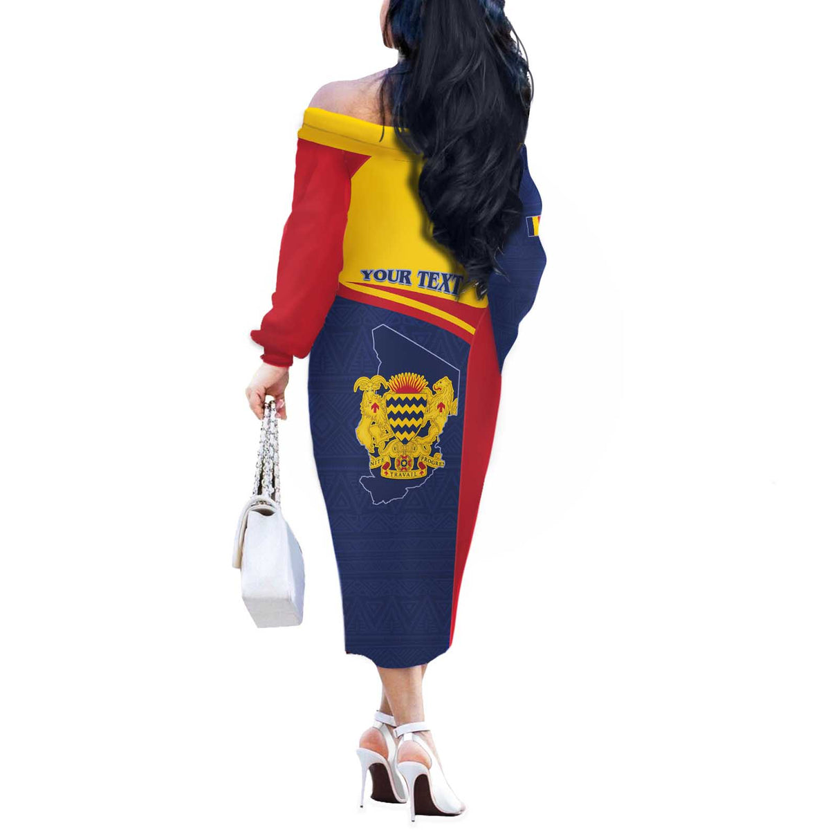 Personalised Chad Off The Shoulder Long Sleeve Dress Coat Of Arms - African Pattern