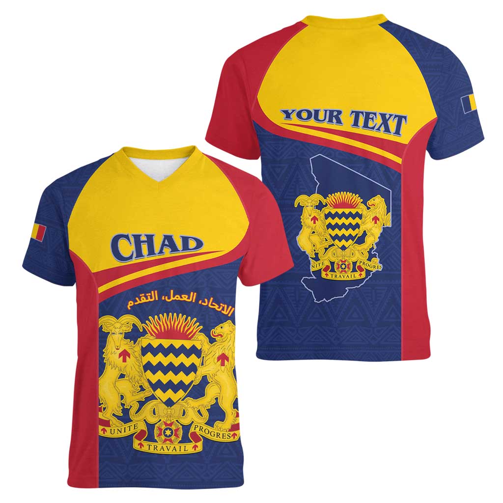 Personalised Chad Women V-Neck T-Shirt Coat Of Arms - African Pattern