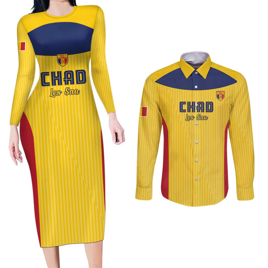 Custom Chad Football Couples Matching Long Sleeve Bodycon Dress and Long Sleeve Button Shirt Allez Les Sao