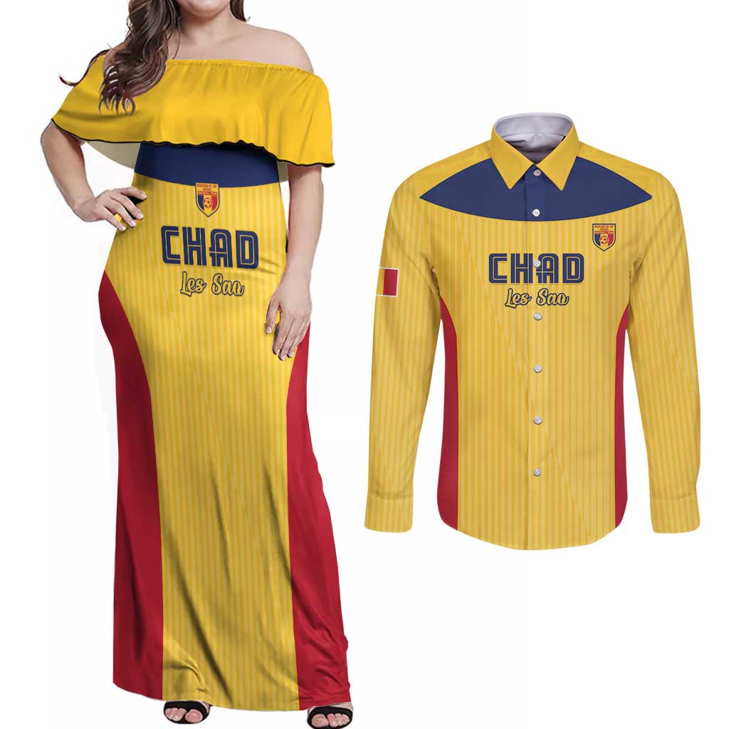 Custom Chad Football Couples Matching Off Shoulder Maxi Dress and Long Sleeve Button Shirt Allez Les Sao