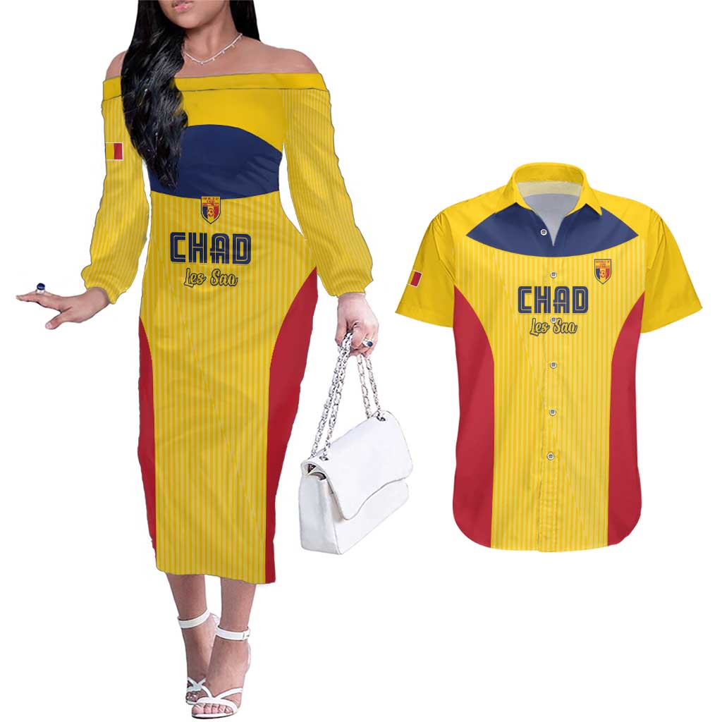 Custom Chad Football Couples Matching Off The Shoulder Long Sleeve Dress and Hawaiian Shirt Allez Les Sao
